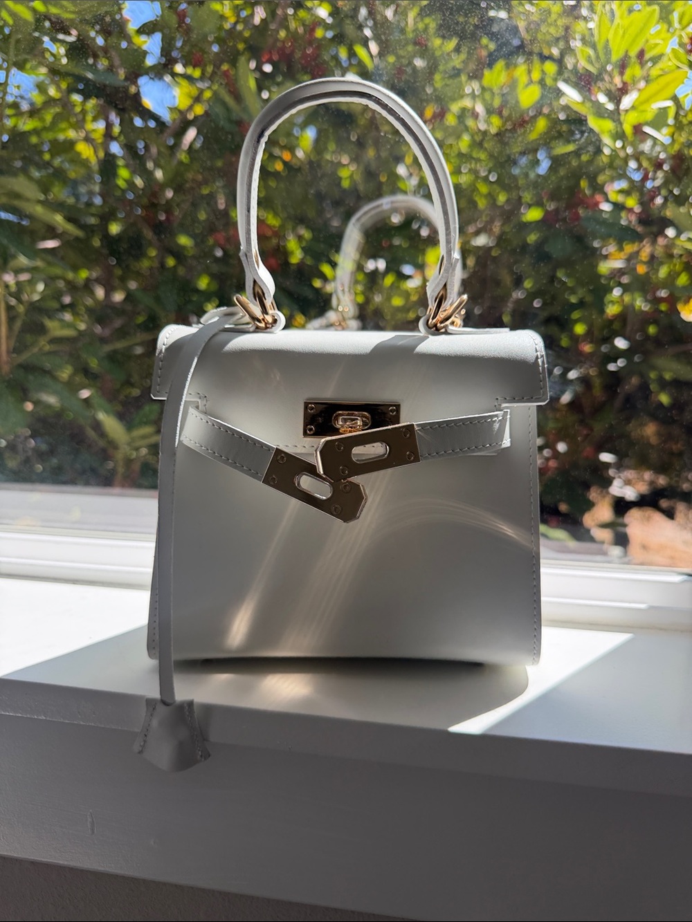 Structured White Top-Handle Bag with Gold Hardware